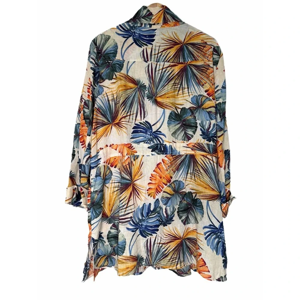 Chico's Palm-Print Tropical Linen Utility Summer Jacket Sz 3 (16/18) Resort Vaca